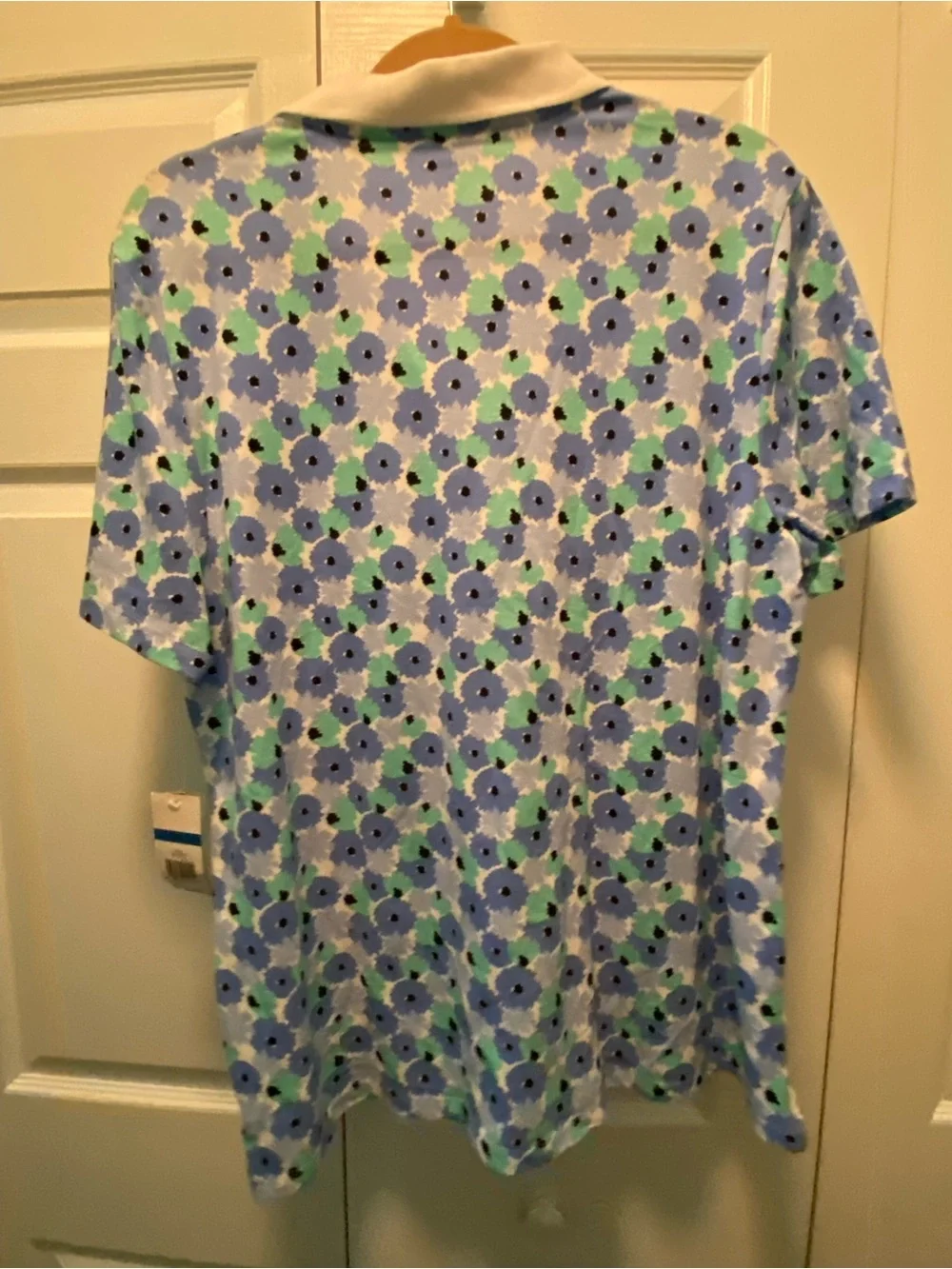 Kim Rogers Polo Shirt Blue/Green Floral Print with White Collar XL New With Tag